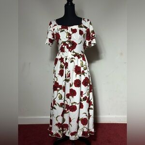 Elegant Rose Printed Puff Sleeve Dress